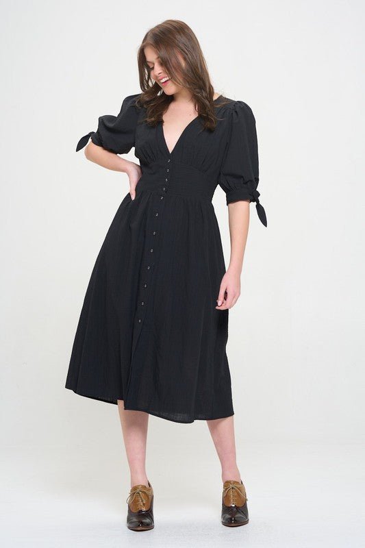 Puff SLV Texture V neck Button Down Midi Dress