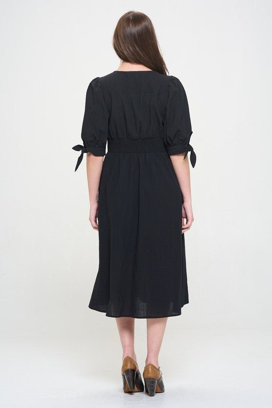 Puff SLV Texture V neck Button Down Midi Dress