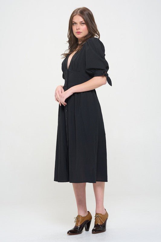 Puff SLV Texture V neck Button Down Midi Dress