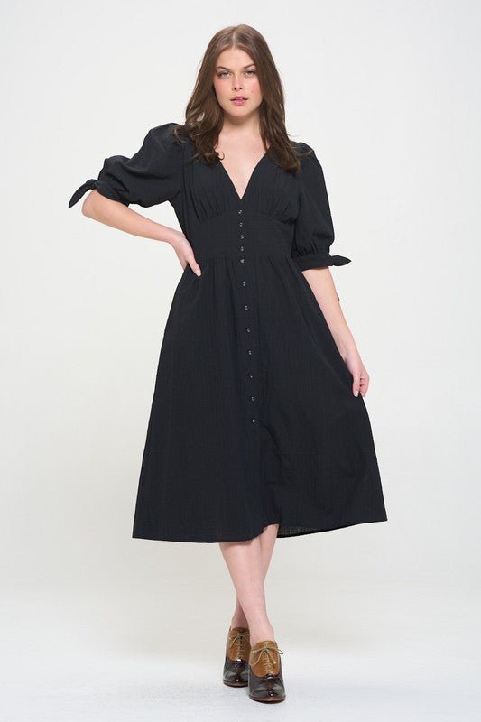 Puff SLV Texture V neck Button Down Midi Dress