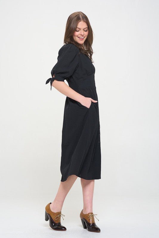 Puff SLV Texture V neck Button Down Midi Dress
