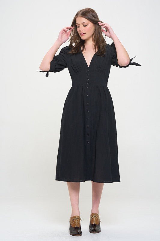 Puff SLV Texture V neck Button Down Midi Dress