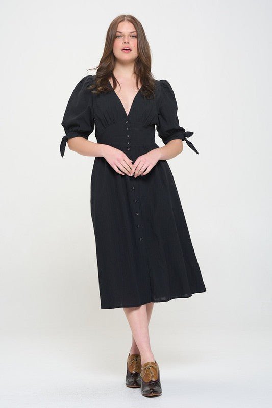 Puff SLV Texture V neck Button Down Midi Dress