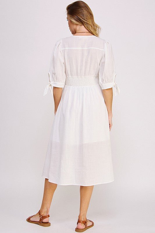 Puff SLV Texture V neck Button Down Midi Dress