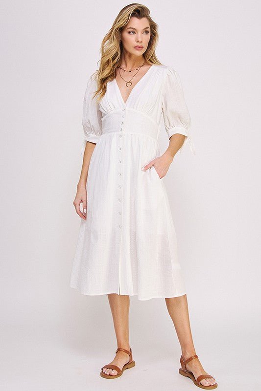 Puff SLV Texture V neck Button Down Midi Dress