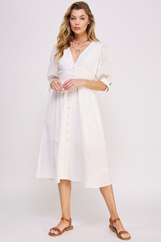 Puff SLV Texture V neck Button Down Midi Dress