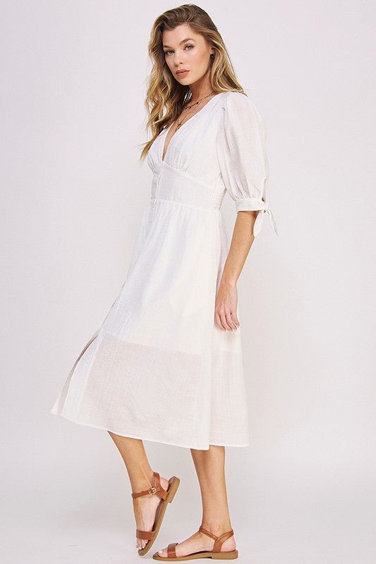 Puff SLV Texture V neck Button Down Midi Dress