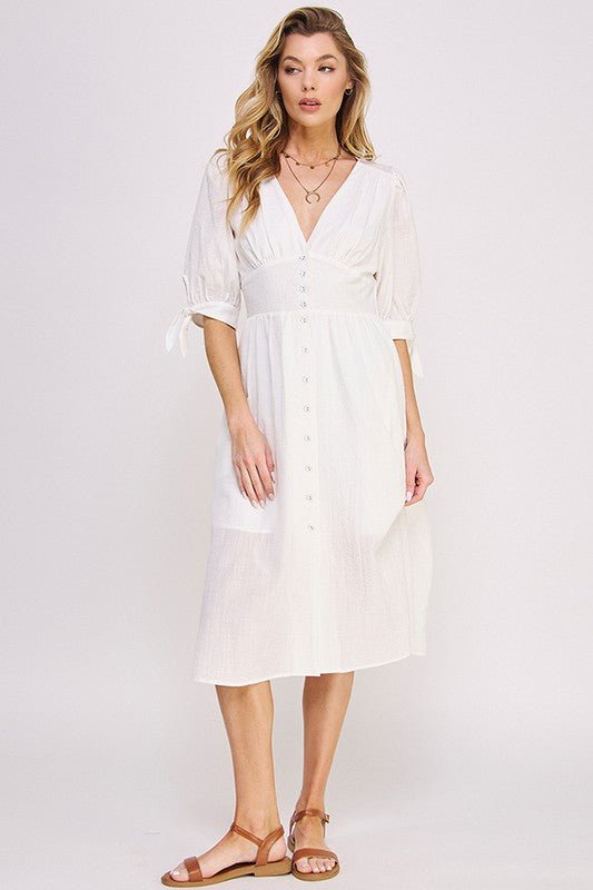 Puff SLV Texture V neck Button Down Midi Dress