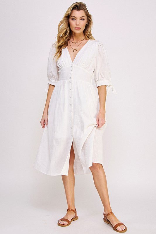 Puff SLV Texture V neck Button Down Midi Dress