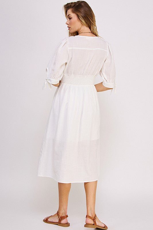 Puff SLV Texture V neck Button Down Midi Dress