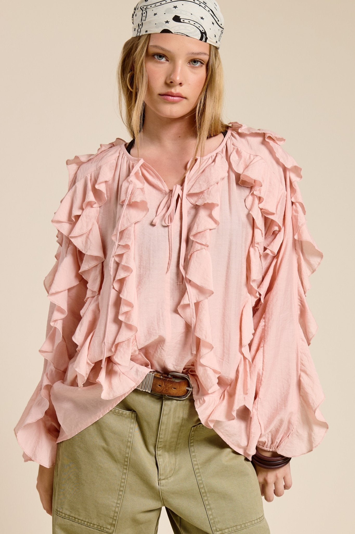 Ruffled Long-sleeve Boho Blouse With Tie Front