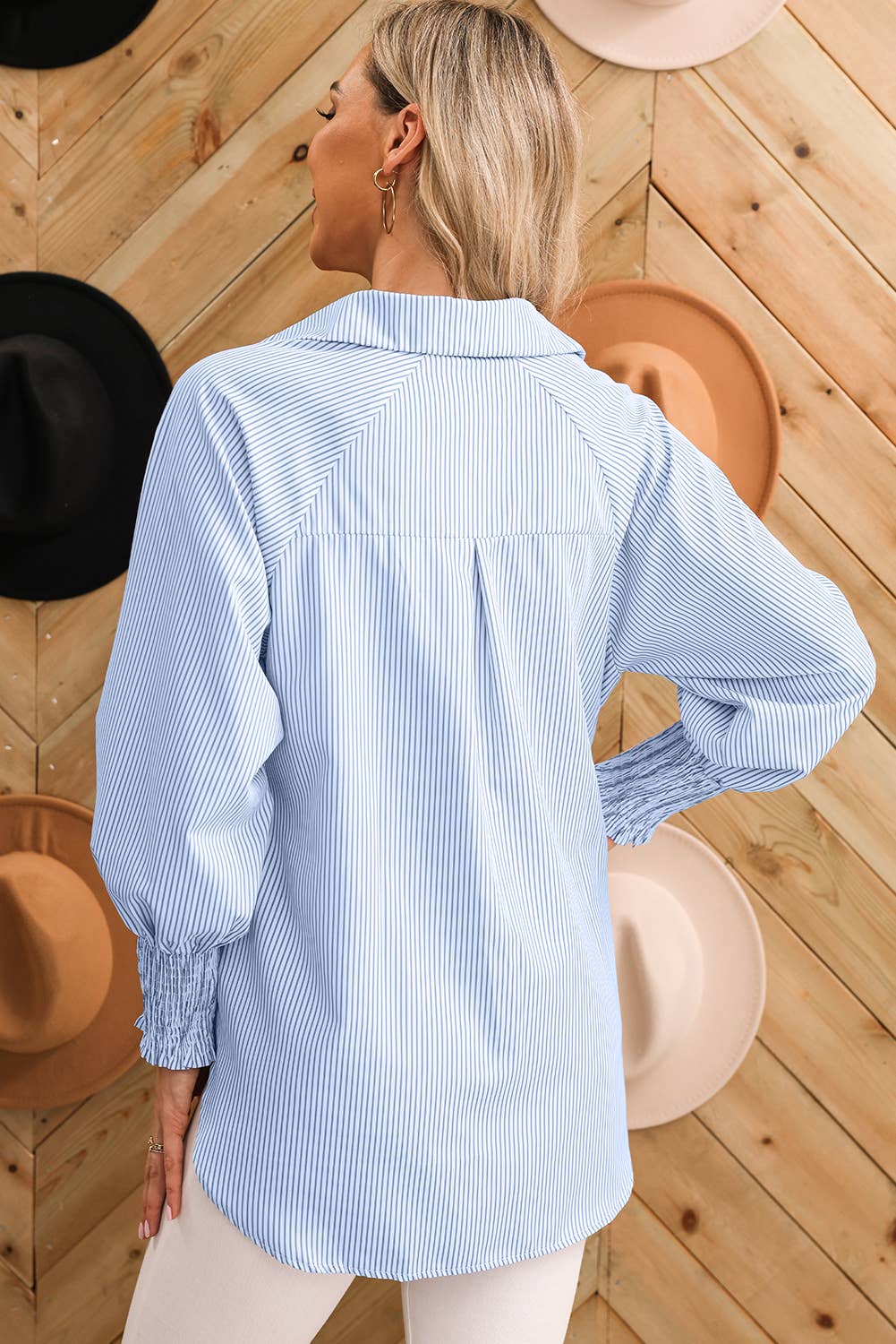 Smocked Cuffed Striped Boyfriend Shirt with Pocket