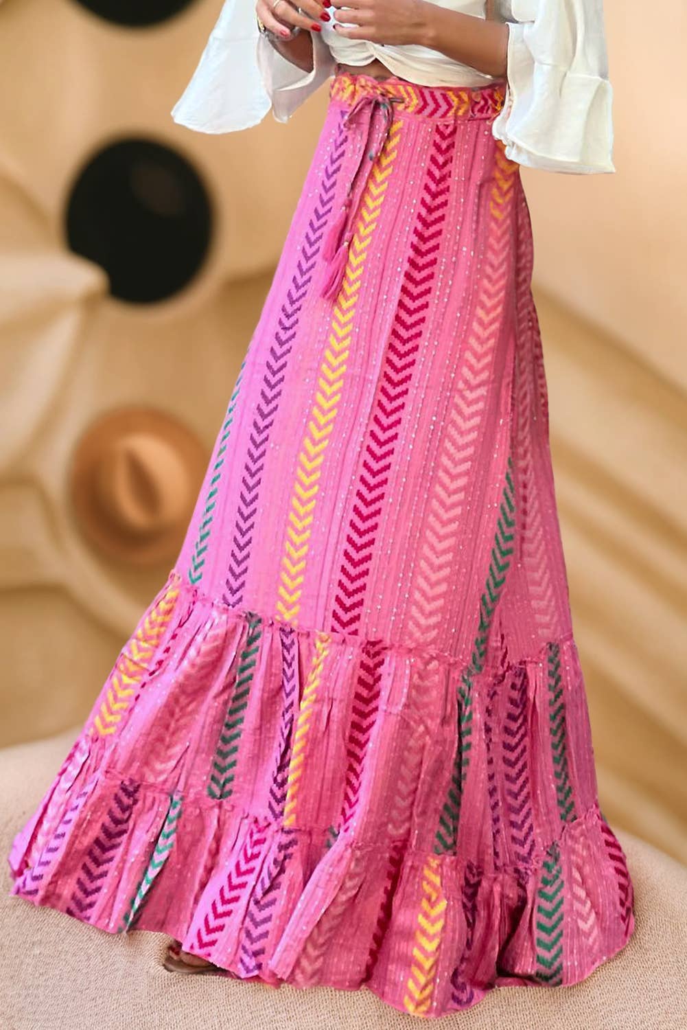 Women Boho Geometric Print Tiered Ruffled Long Skirt | S-XL