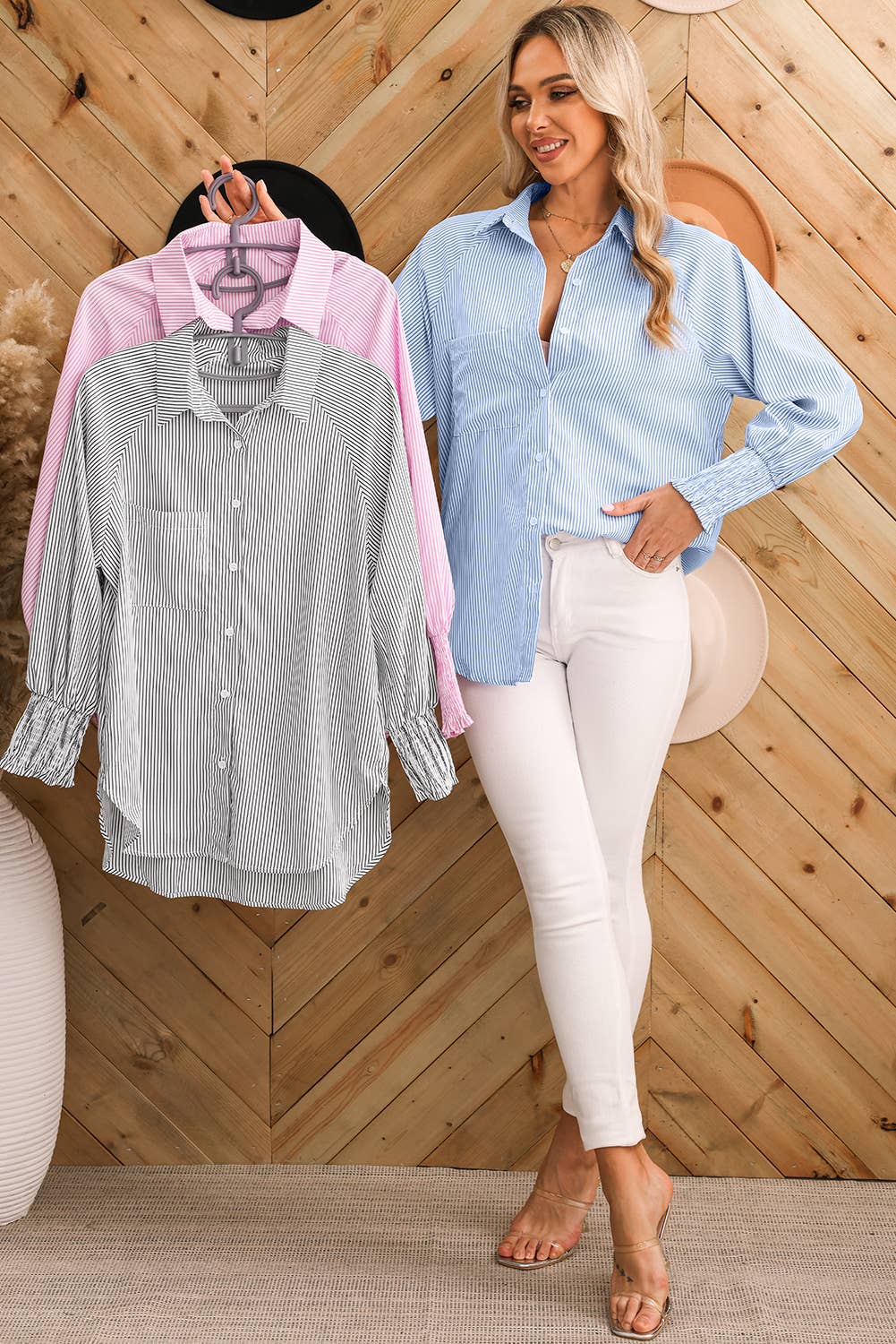 Smocked Cuffed Striped Boyfriend Shirt with Pocket