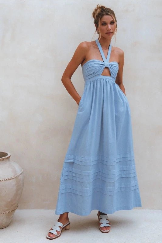Crystal Blue Halter Linen Maxi Dress - La Femme Chic BoutiqueCrystal Blue Halter Linen Maxi Dress