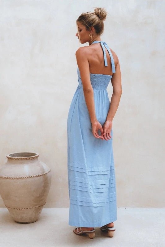 Crystal Blue Halter Linen Maxi Dress - La Femme Chic BoutiqueCrystal Blue Halter Linen Maxi Dress
