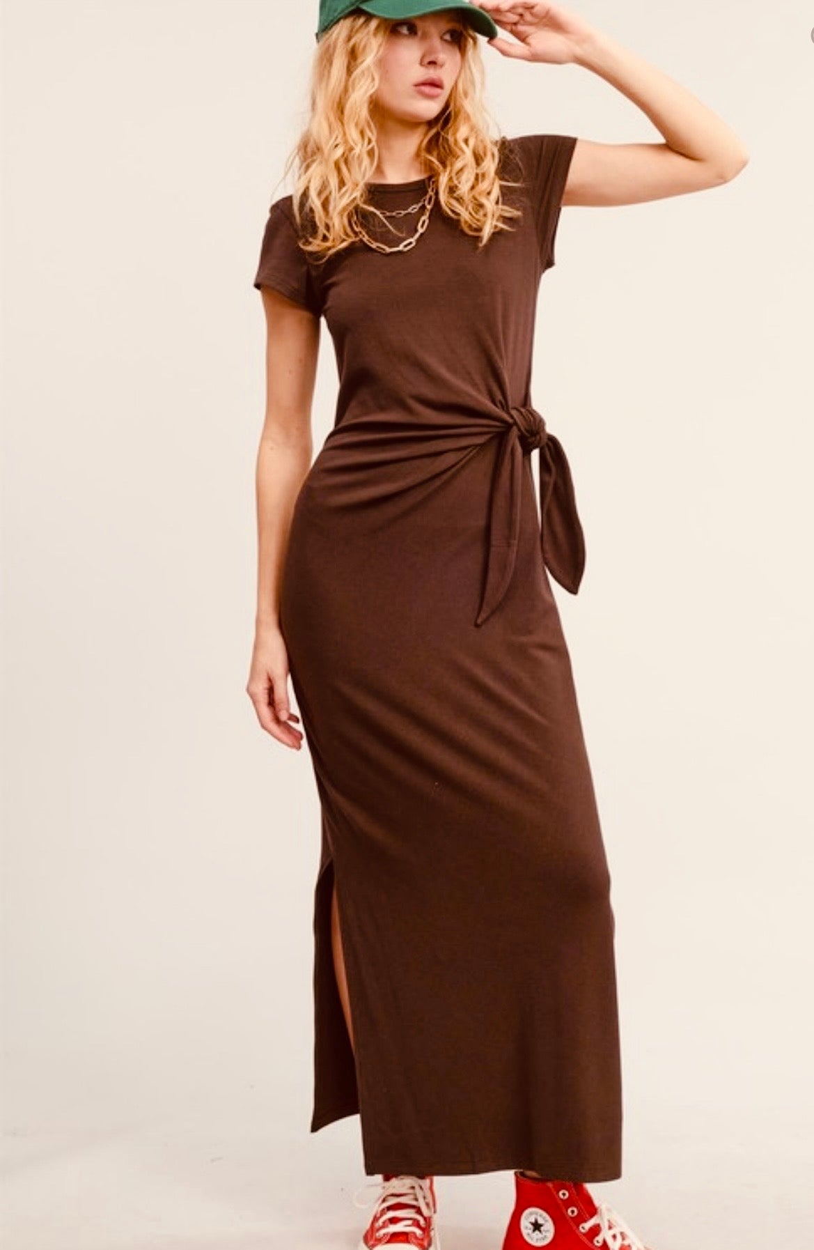 Side Knot-Tie Short -Sleeve Knit Midi Dress