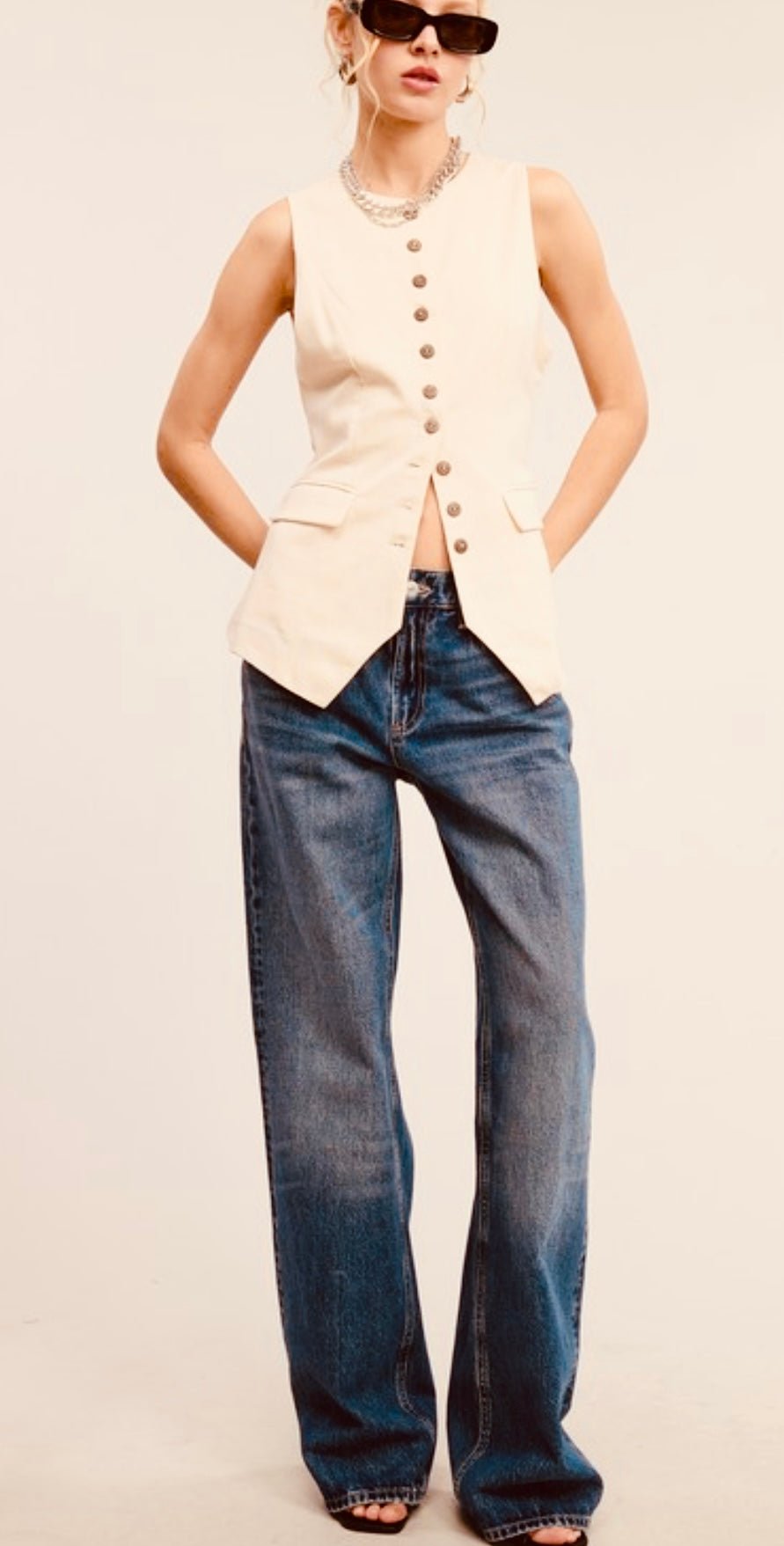 Adjustable Back Belt Long -Line Button Vest