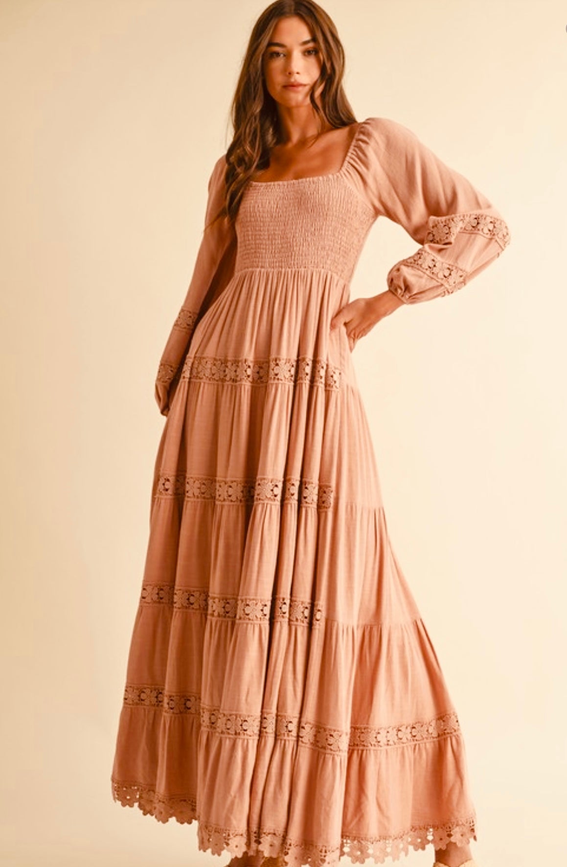 Smocked Cotton Crochet Tiered Maxi Dress