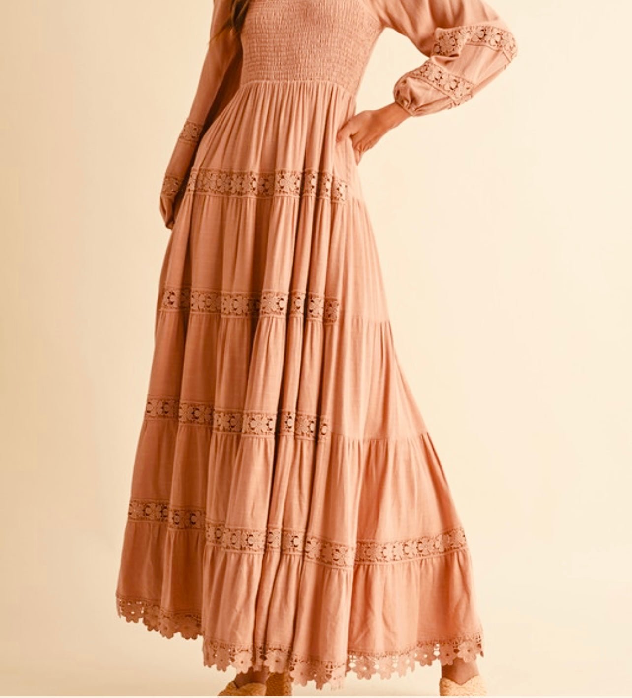 Smocked Cotton Crochet Tiered Maxi Dress