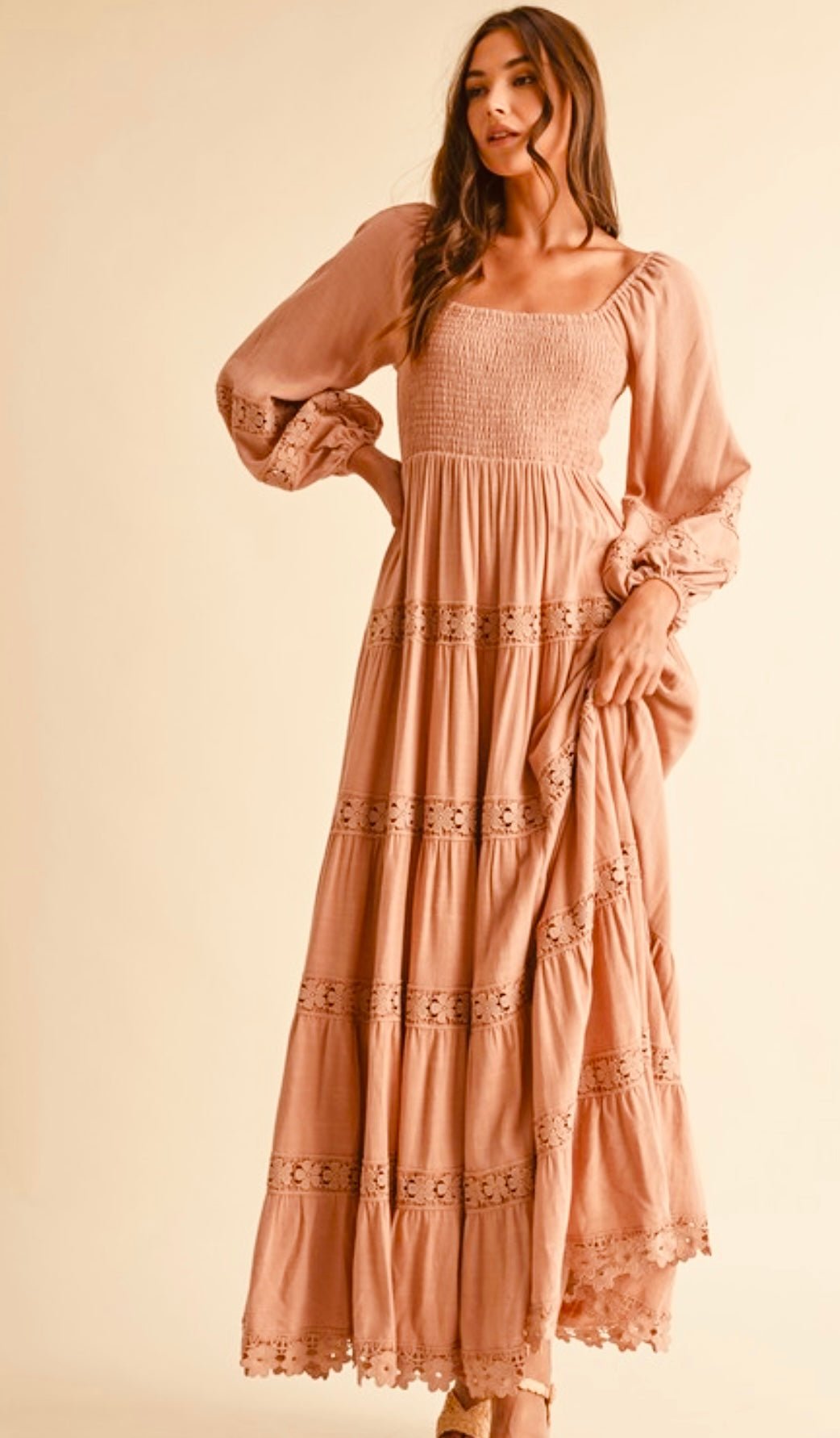 Smocked Cotton Crochet Tiered Maxi Dress