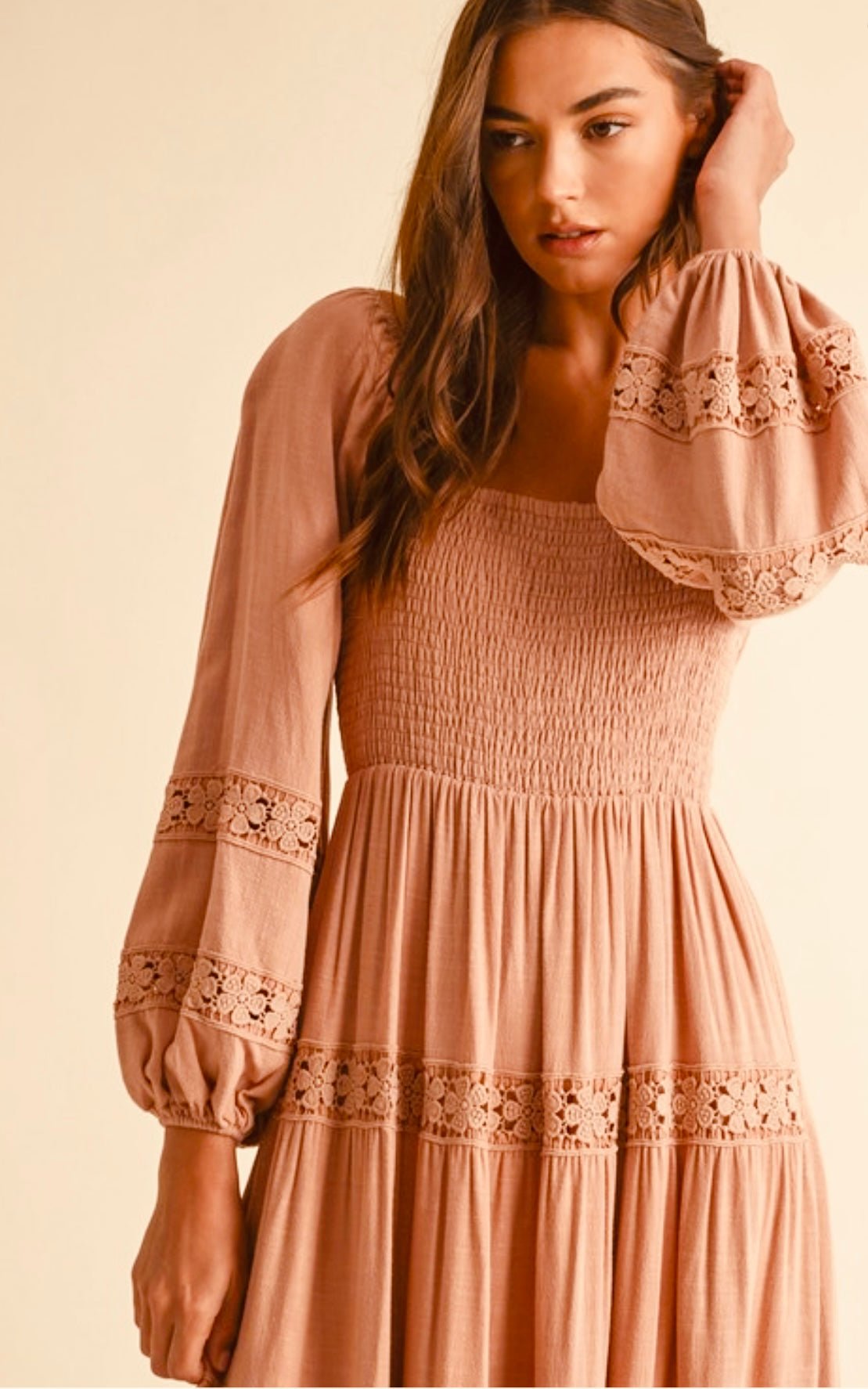 Smocked Cotton Crochet Tiered Maxi Dress