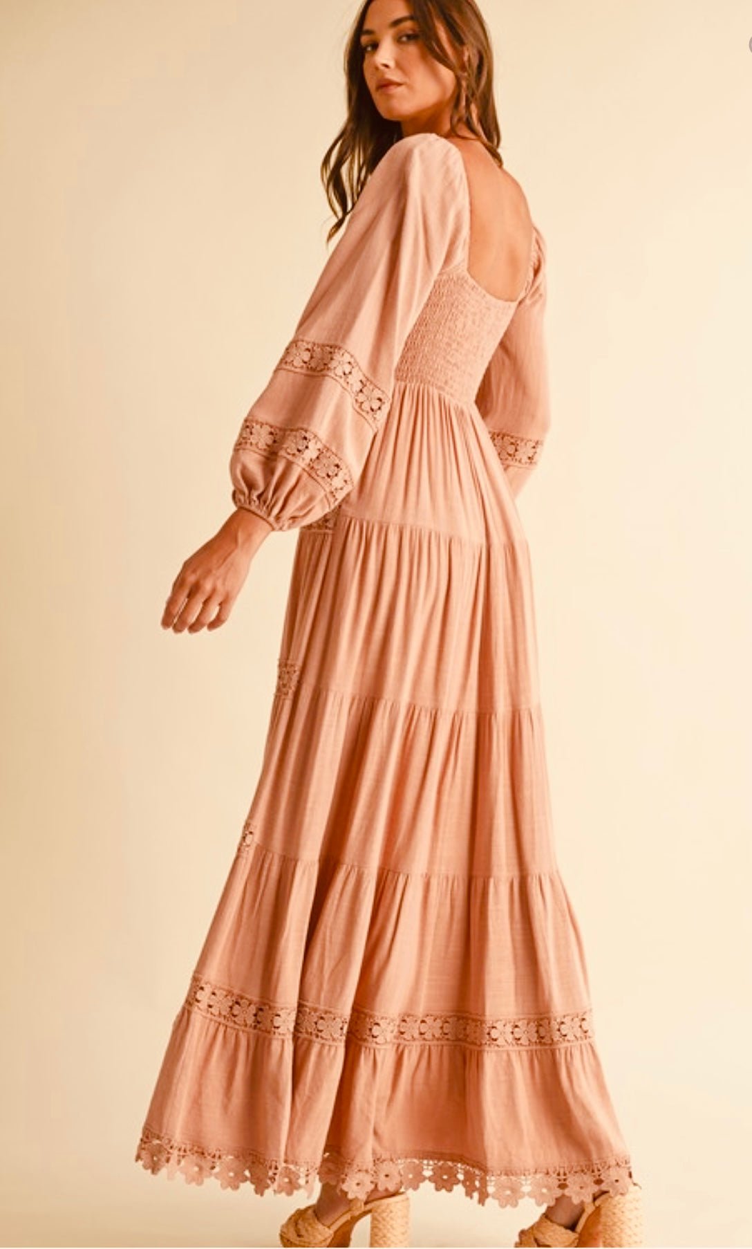 Smocked Cotton Crochet Tiered Maxi Dress