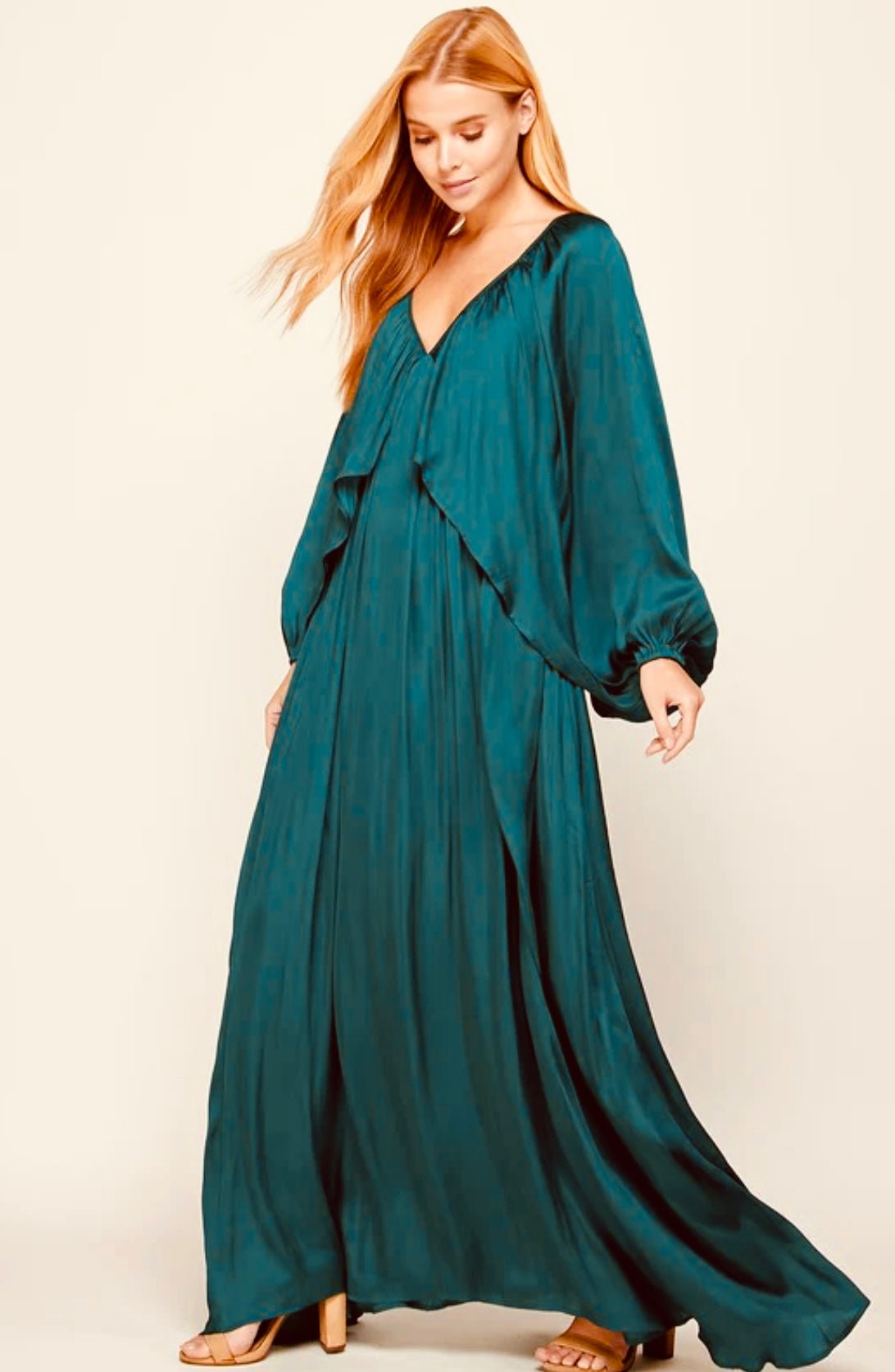 Shirred Satin Ballon Sleeve Maxi Dress