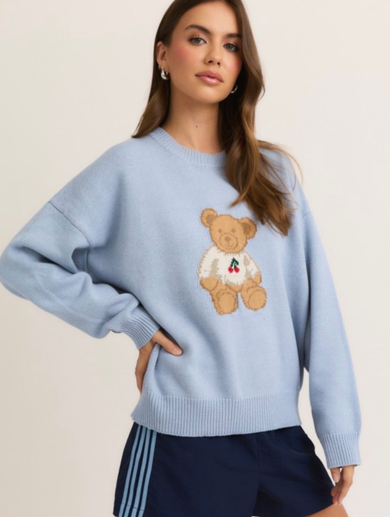 Long Sleeve Crew Neck Sweater With Teddy Bear