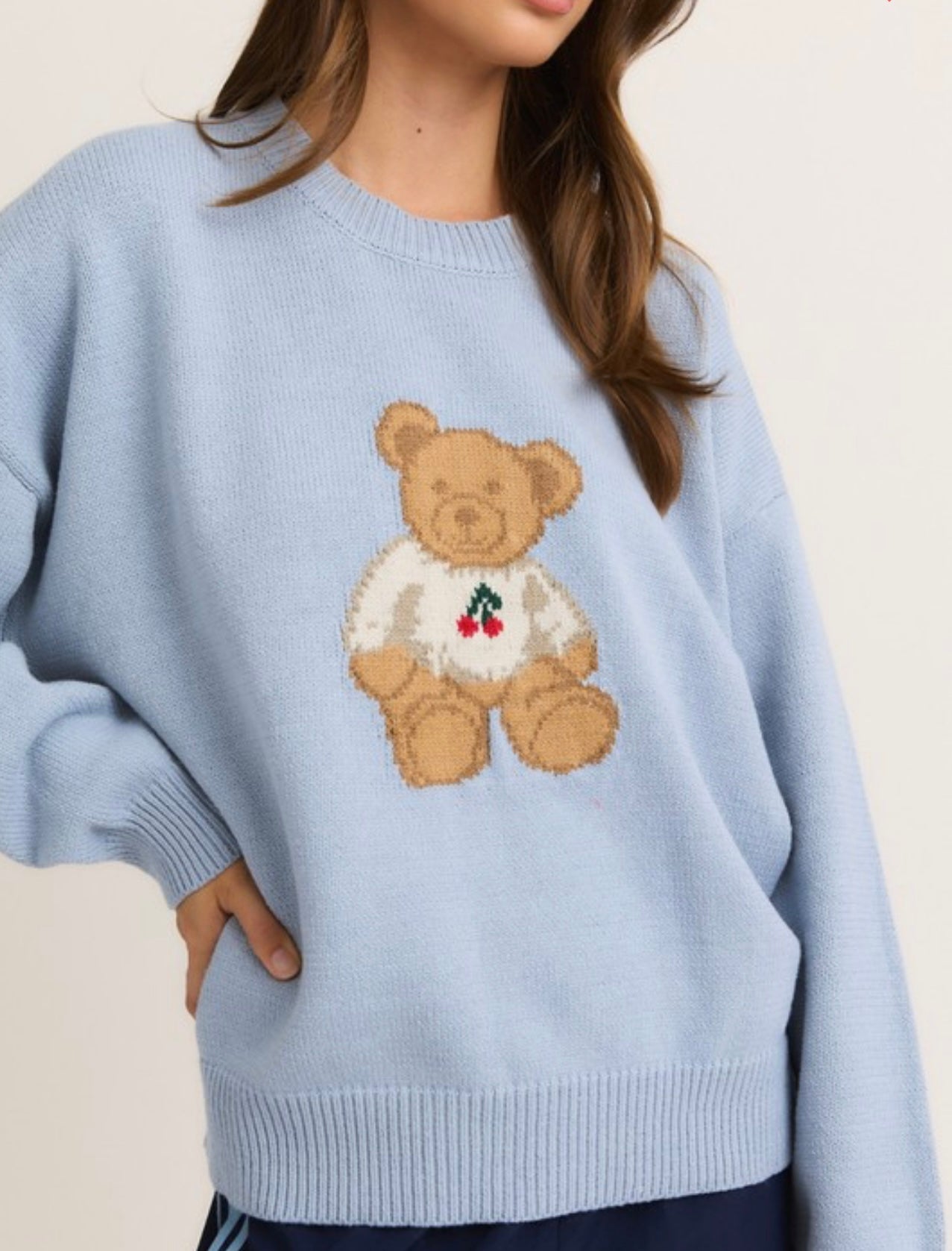 Long Sleeve Crew Neck Sweater With Teddy Bear