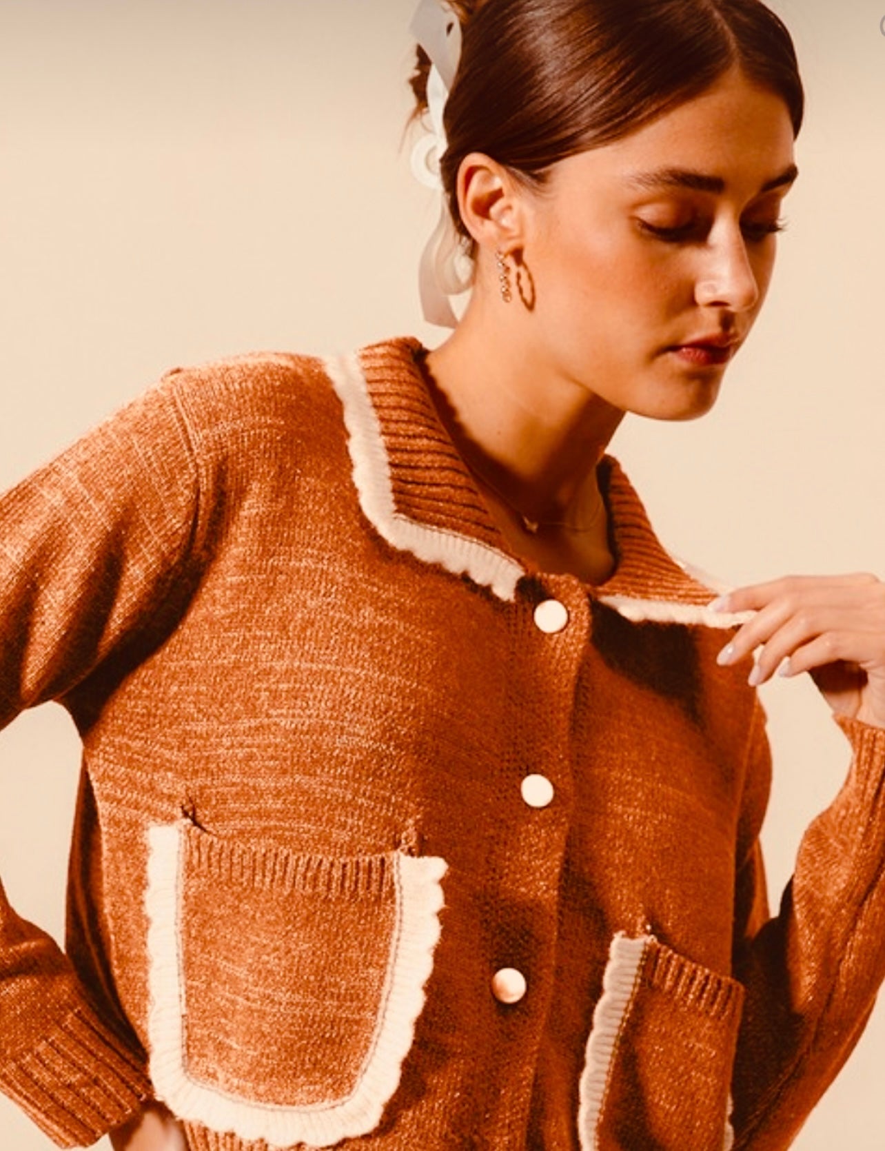 Collared Sweater Cardigan With Contrast Ruffle