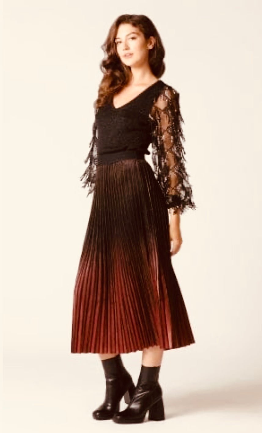 Wine Gradient Velvet Pleats Glittery Long Skirt