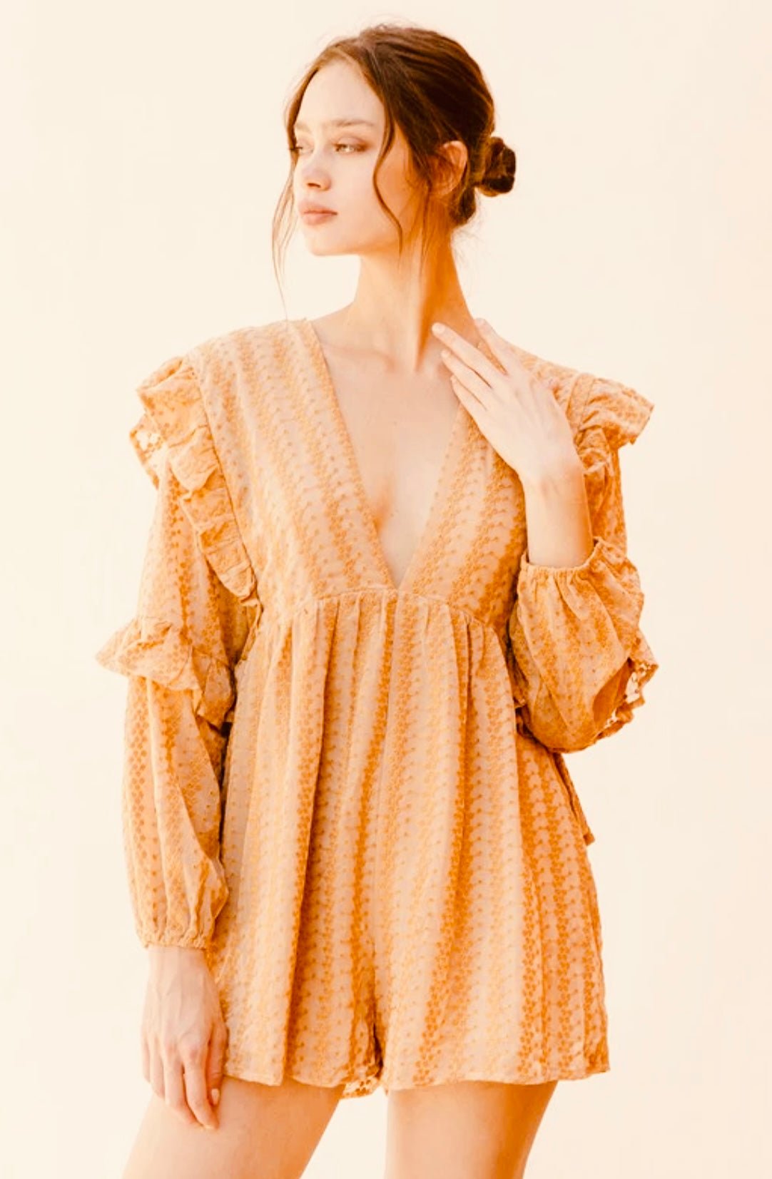 Striped Eyelet Ruffled Romper