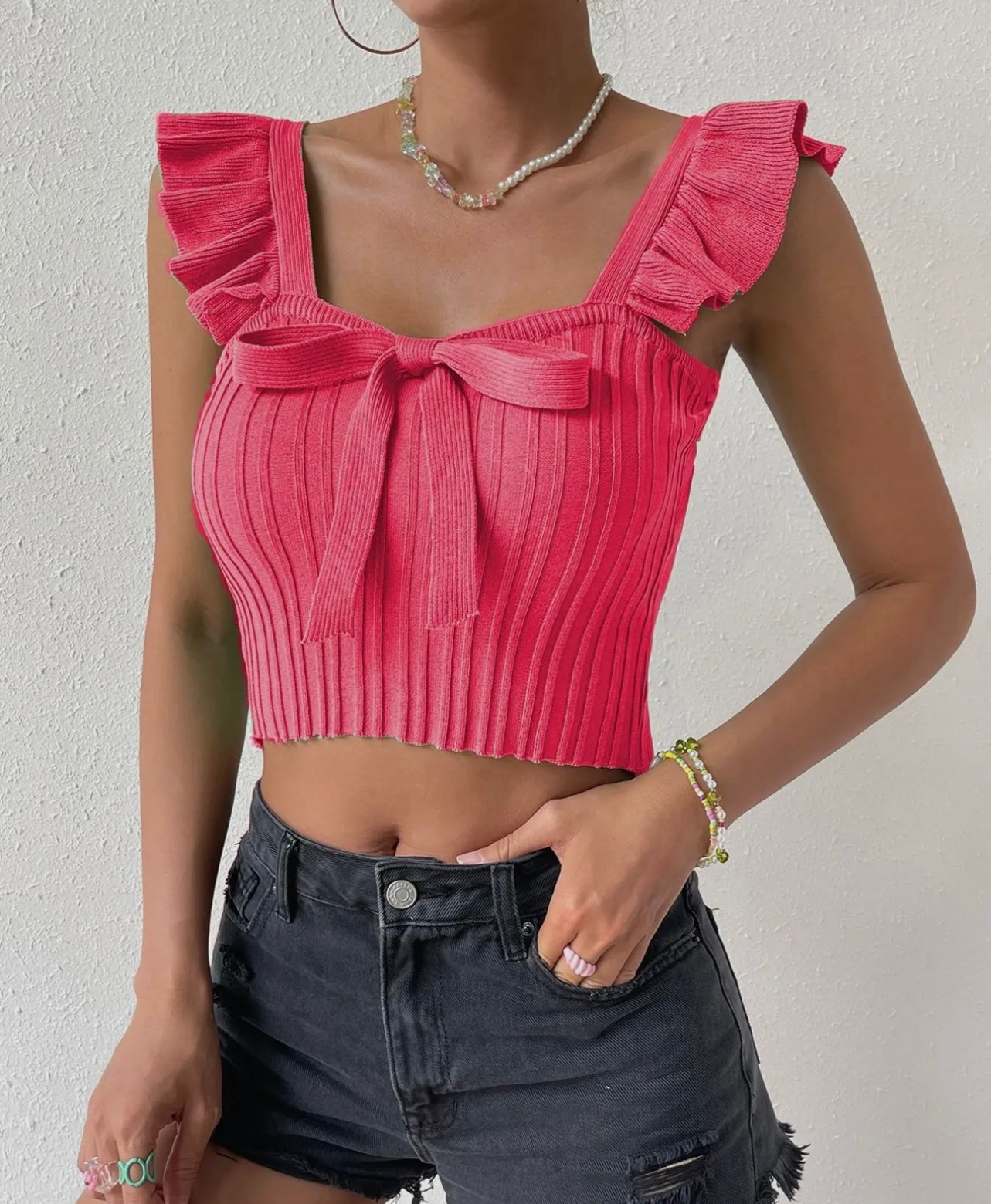 Ruffled Fly Sleeve Bow Crop Top