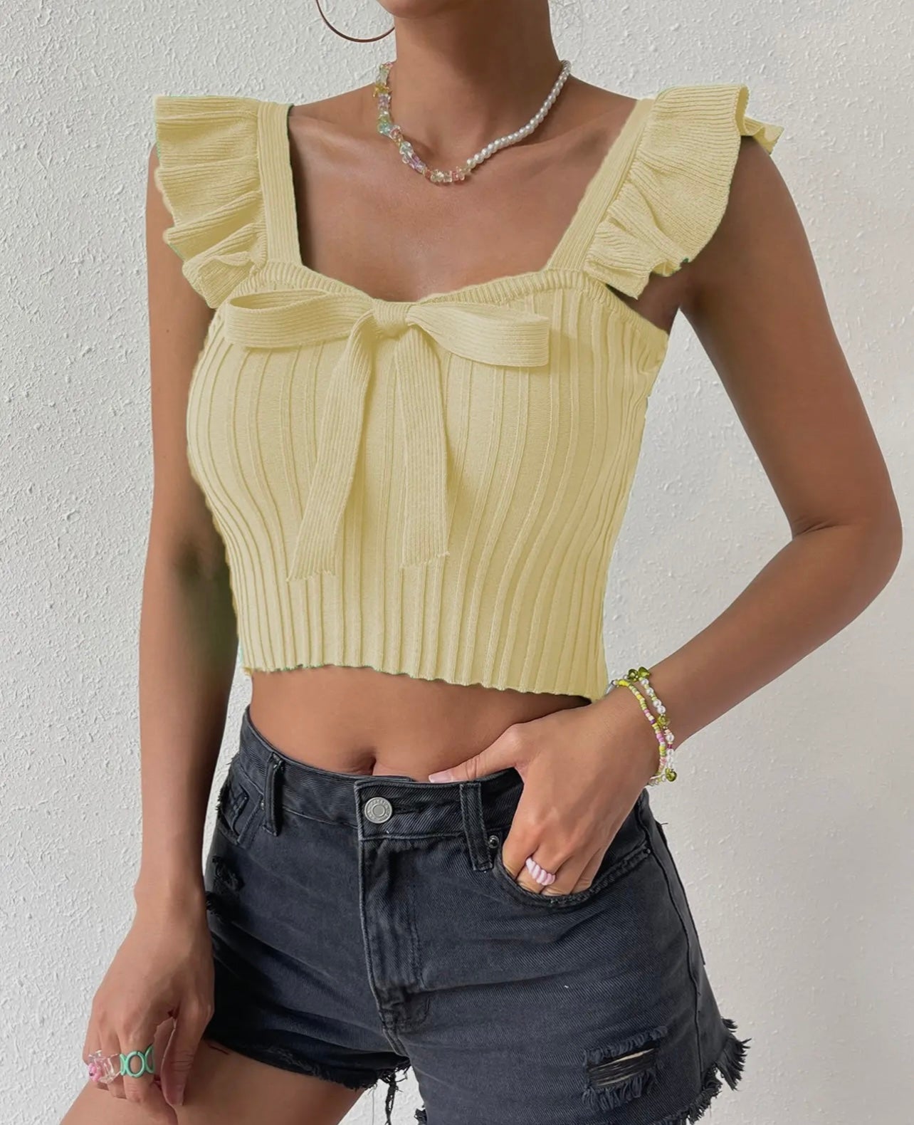 Ruffled Fly Sleeve Bow Crop Top