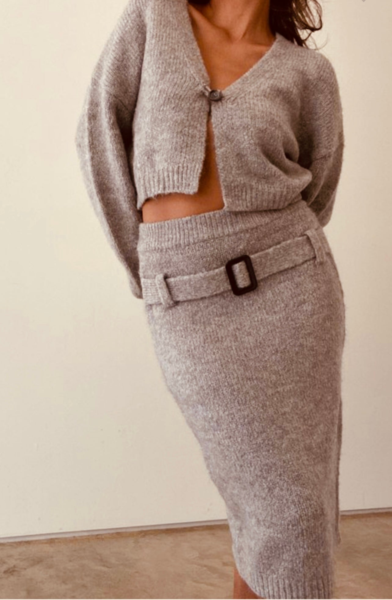 Knit Cropped Cardigan Belted Skirt Set