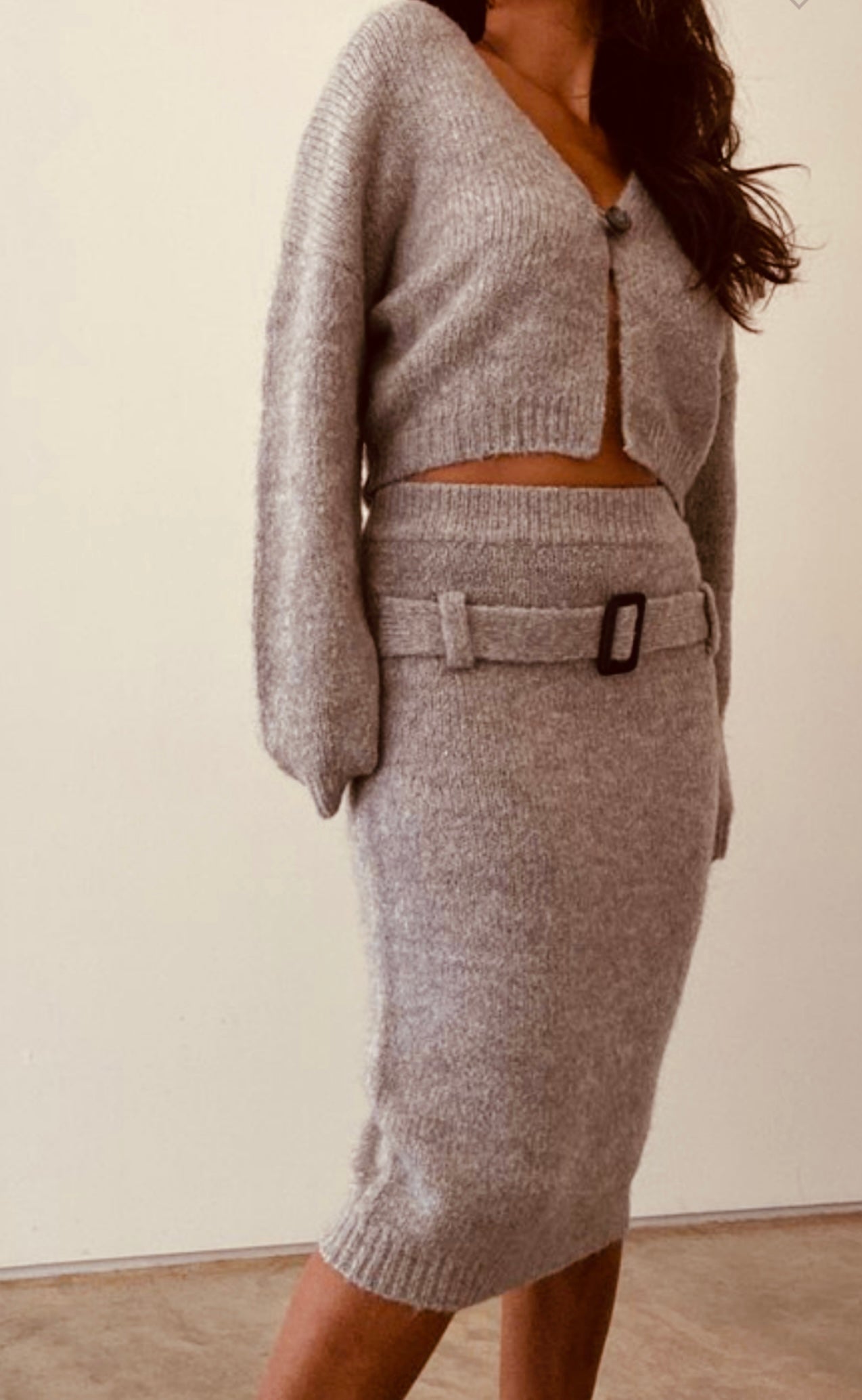 Knit Cropped Cardigan Belted Skirt Set