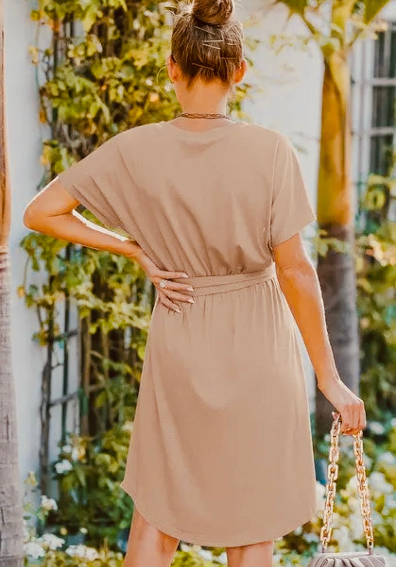V Neck Waist Tie Solid Dress