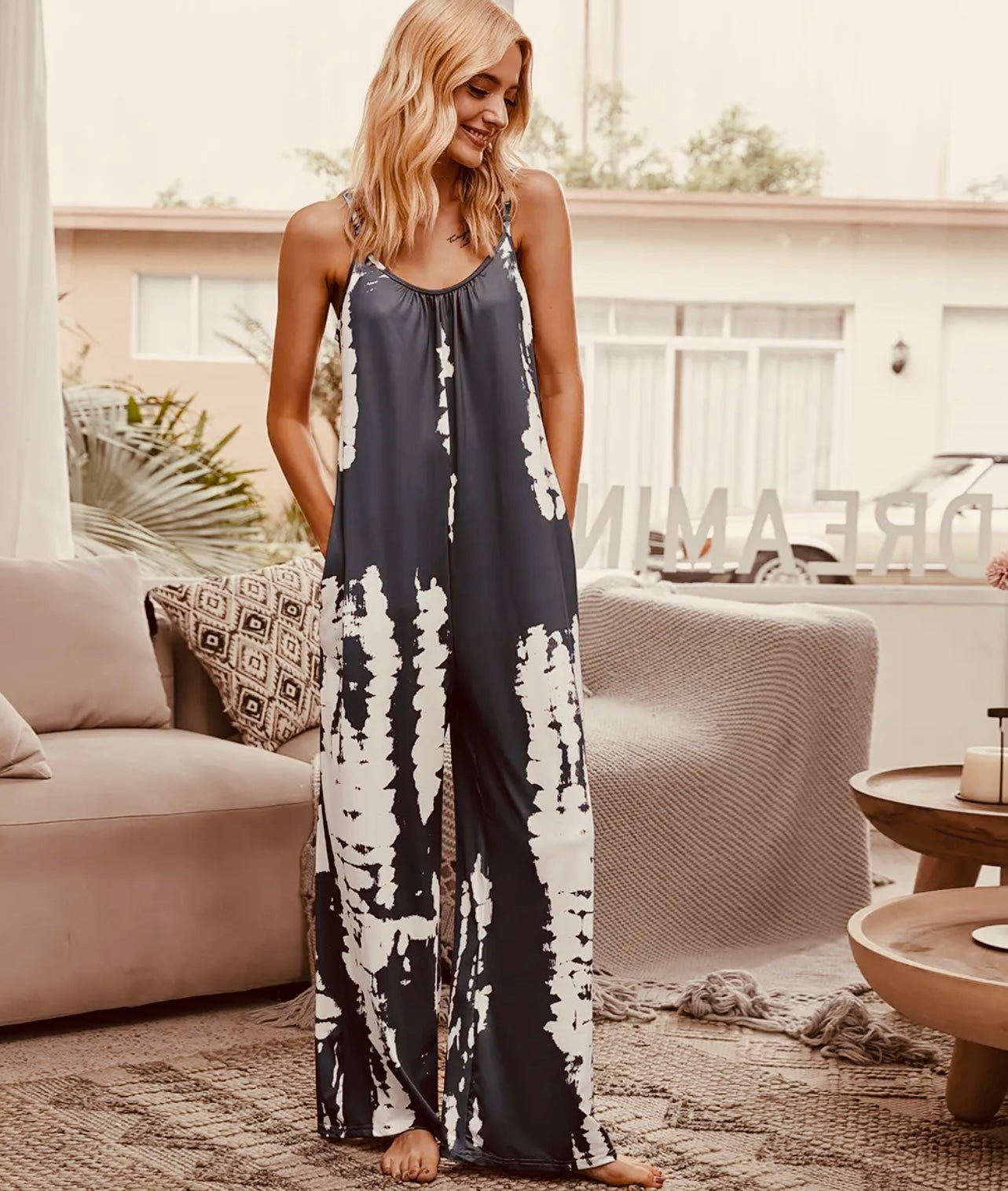 Grey Tie Dye V Neck Medium Stretch Loose Fit Boho Jumpsuit