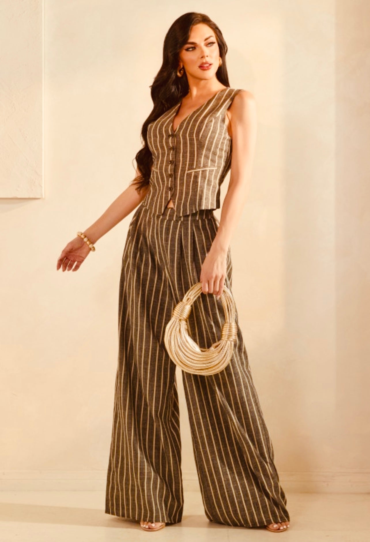 Linen Vest With Wide Leg Pants Set