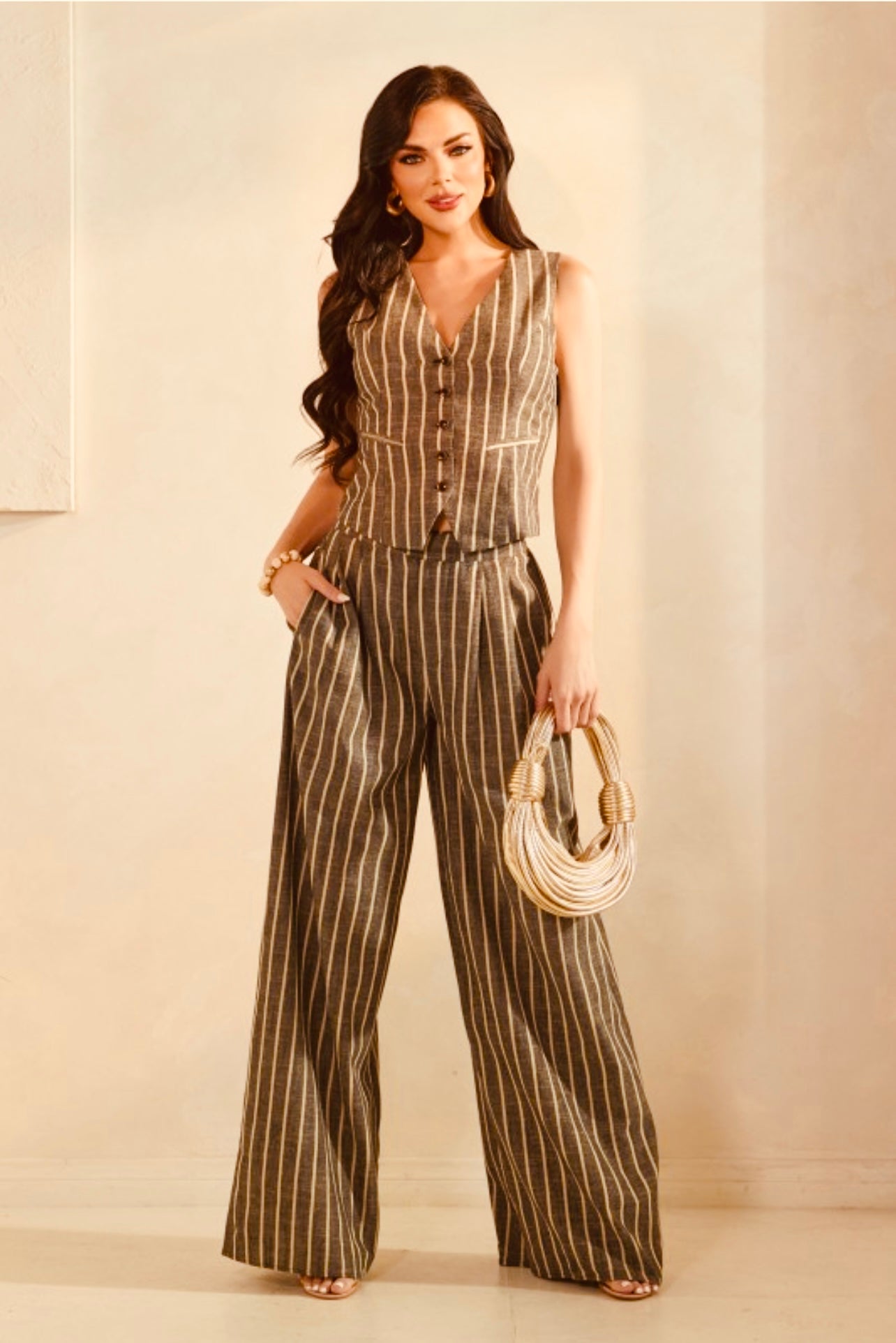 Linen Vest With Wide Leg Pants Set