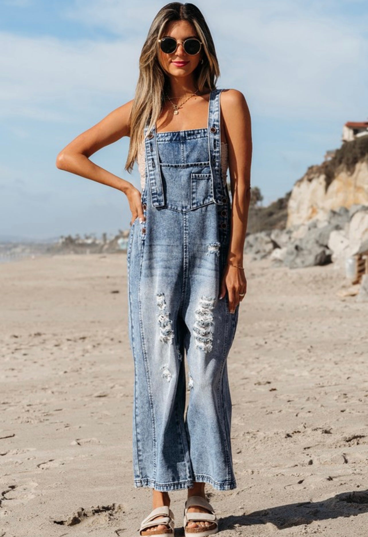 Blue Distressed Bib Pocket Wide Leg Denim Overall