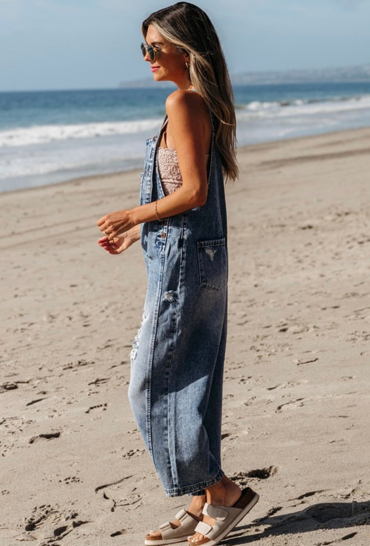 Blue Distressed Bib Pocket Wide Leg Denim Overall