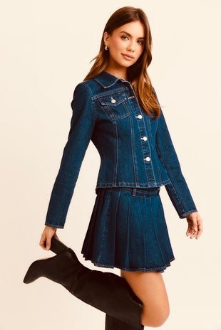 Collared Denim Jacket With Pleated Mini Skirt
