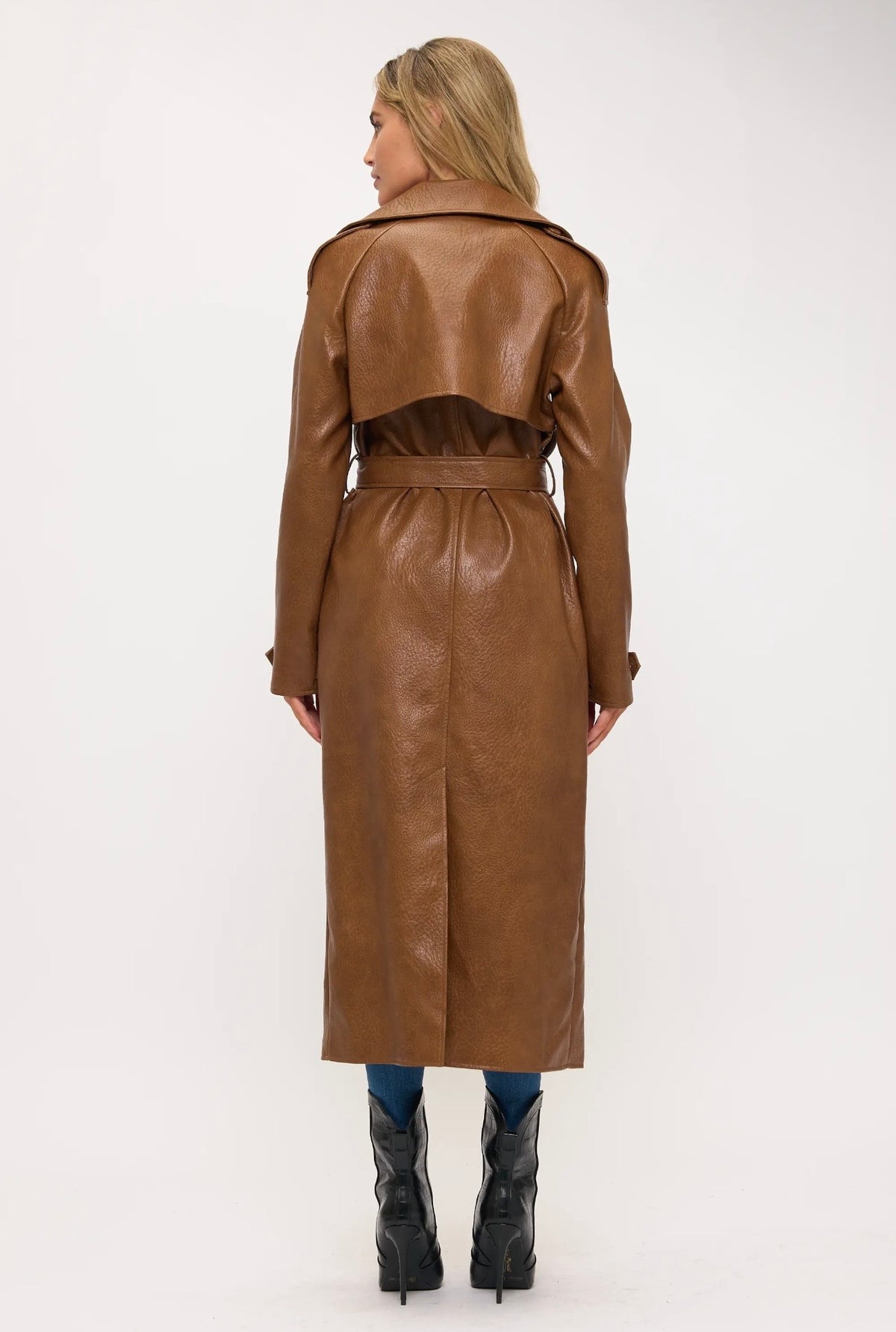 Women's Faux Leather Belted Trench Coat