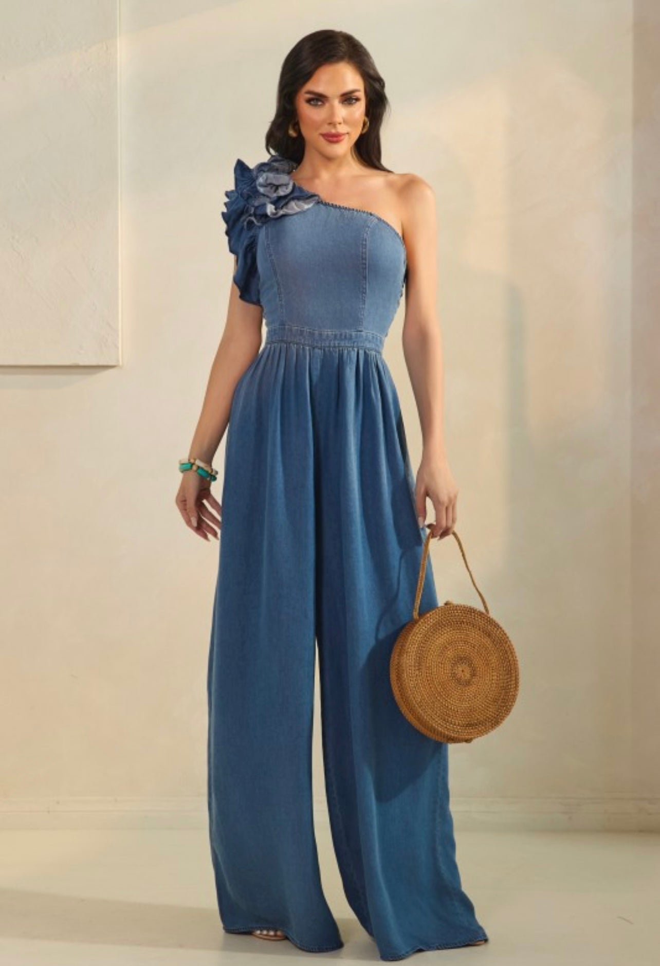 Washed Denim One Shoulder With Corsage