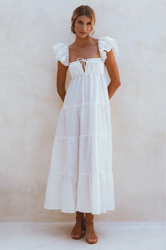 Elf White Bohemian Linen Maxi Dress - La Femme Chic BoutiqueElf White Bohemian Linen Maxi Dress