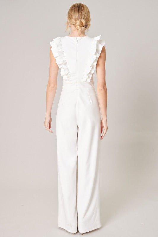 White Ruffle Wide Leg Jumpsuit