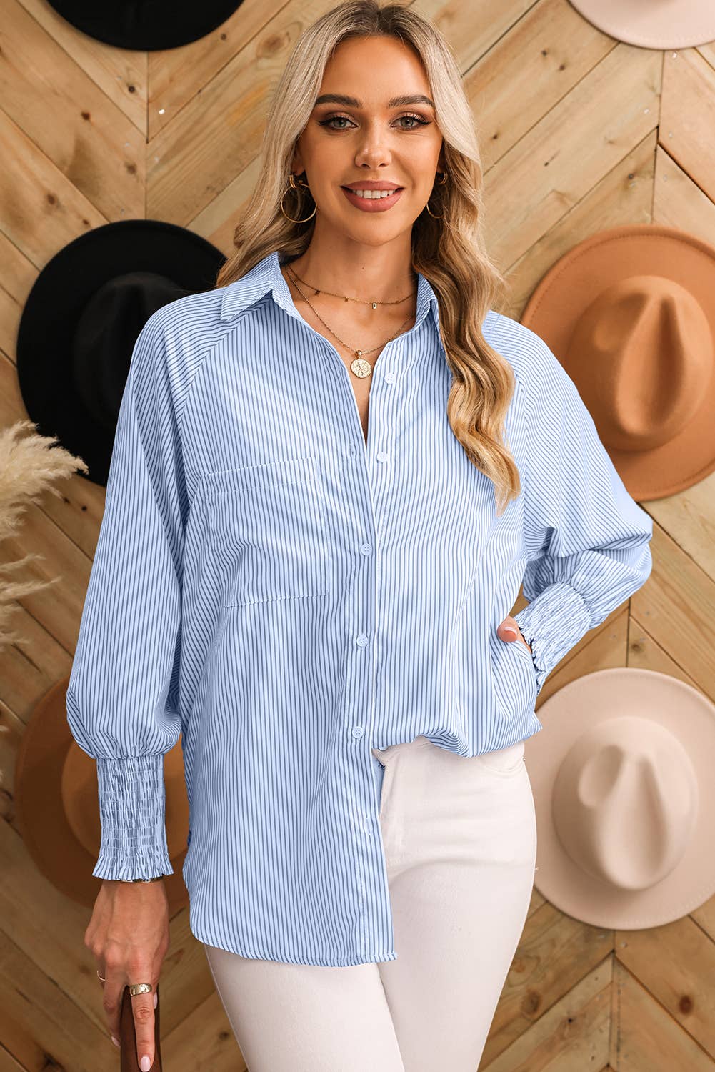 Smocked Cuffed Striped Boyfriend Shirt with Pocket