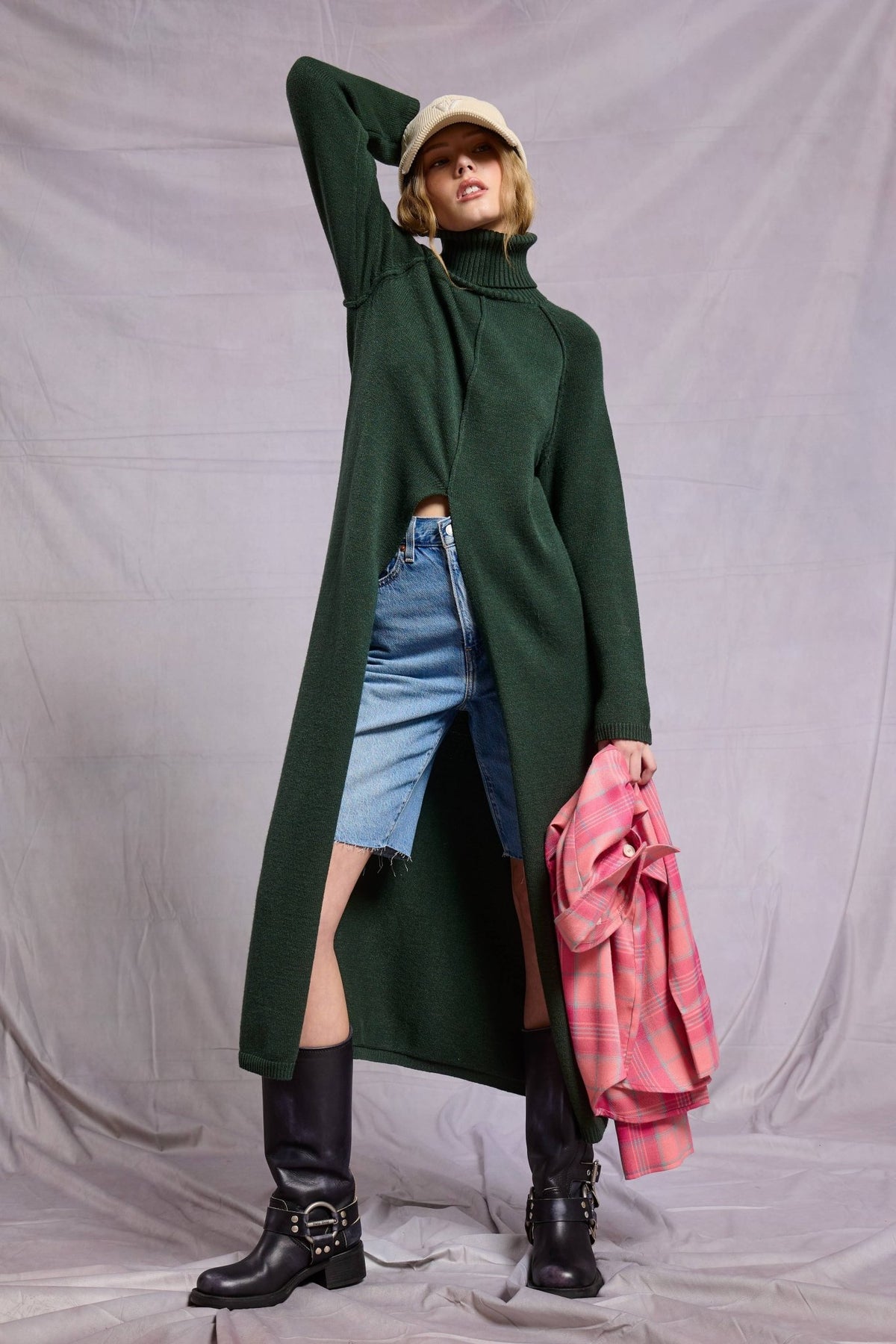 Ribbed Turtleneck Tunic Sweater Dress with Slit